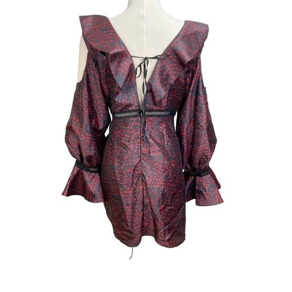 Beulah Red Black Stunning Runway Ruffle V-neck Dress Size L - Picture 2 of 14